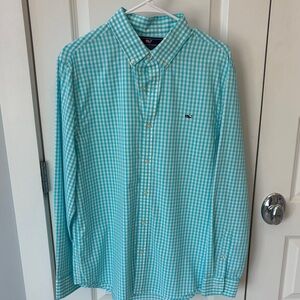 Vineyard Vines Men’s Aqua Gingham Performance Button-Down Shirt - Teal Check